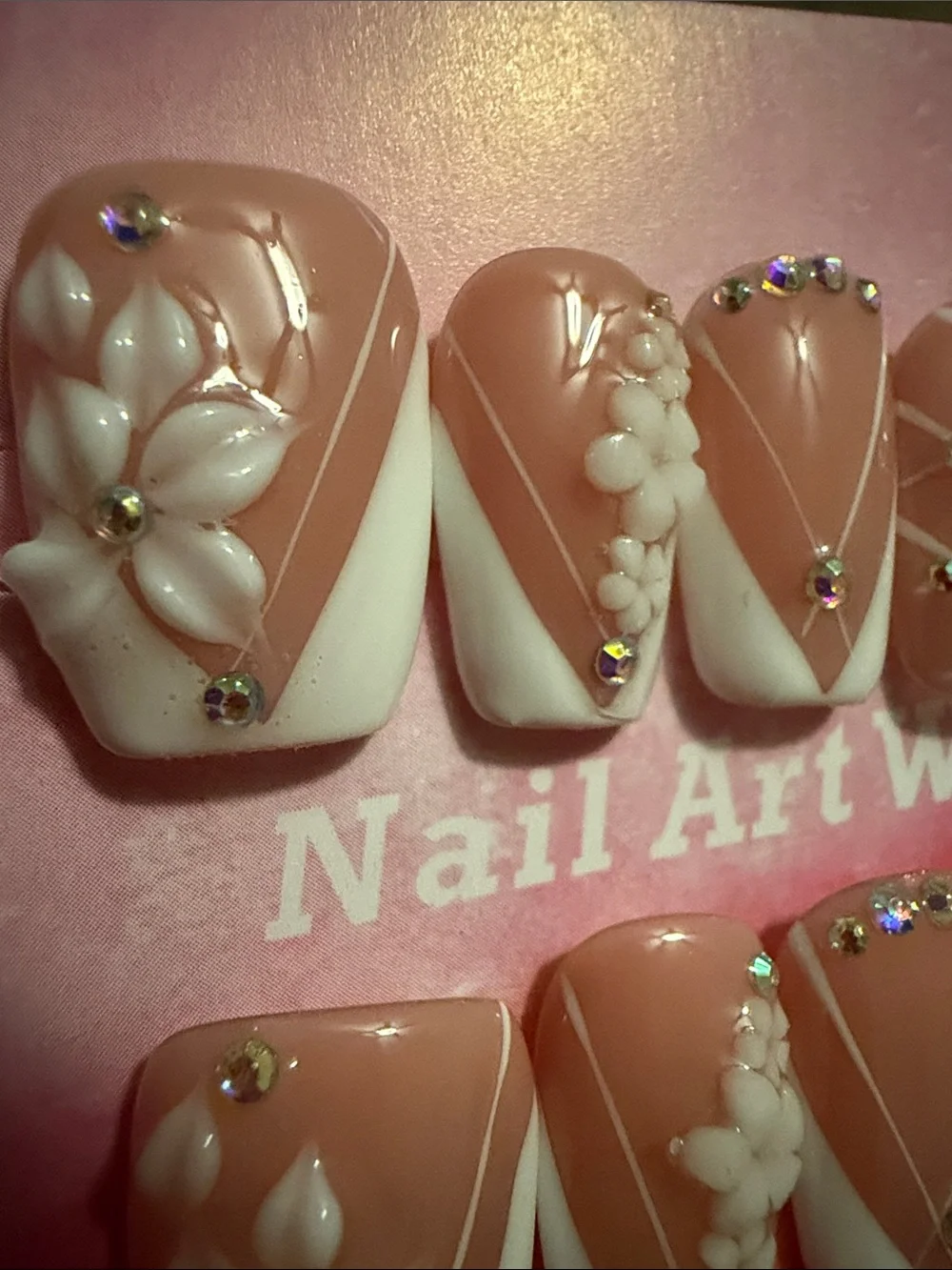 White French  Pink Floral handmade acrylic Nail Set with White Accents
